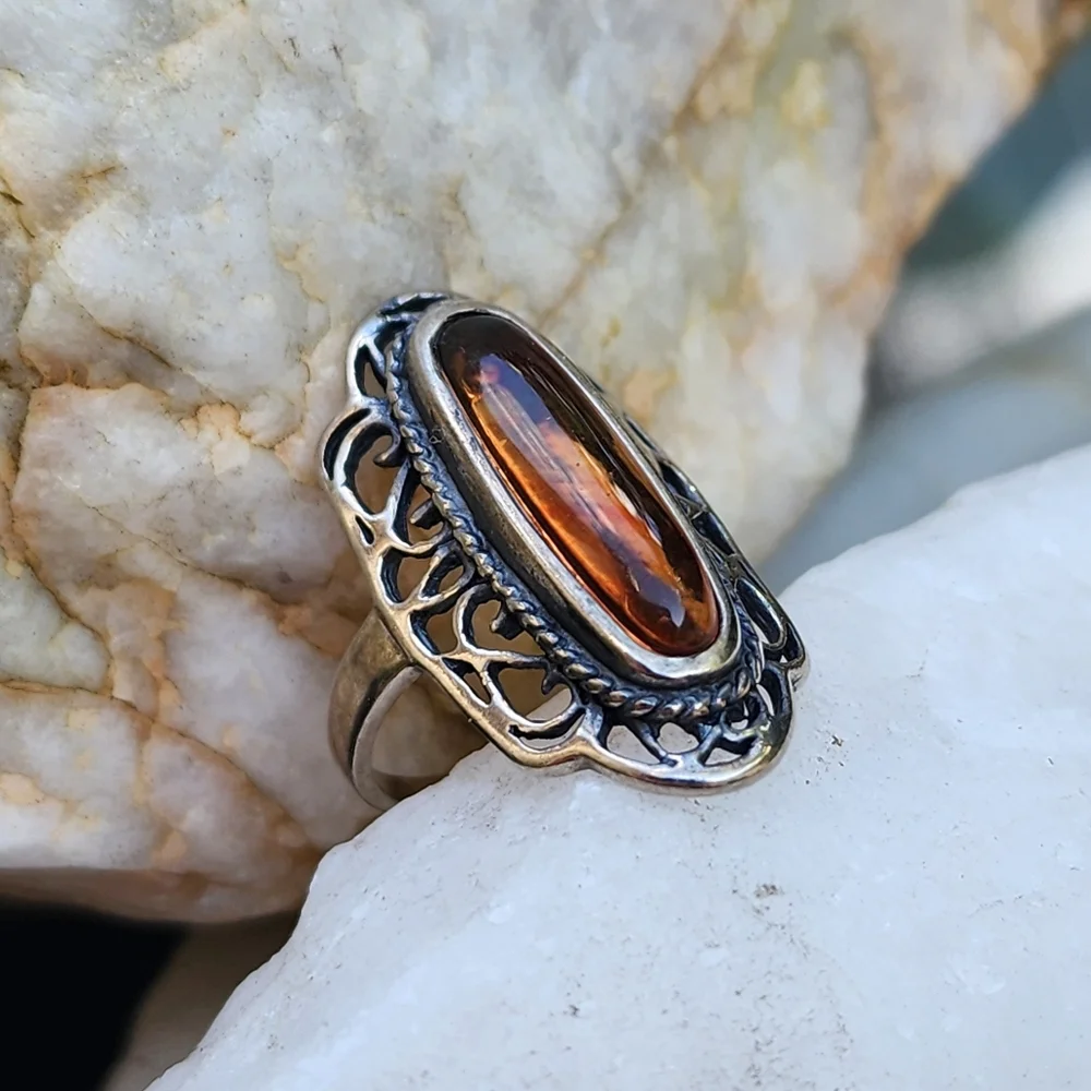 Estate Sterling Silver 925 Natural Baltic Amber Ring Honey Cognac Amber Jewelry